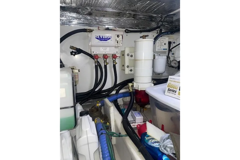  Yacht Photos Pics Engine room of a 2006 Nordic Tug 42 with Reverso oil change system.