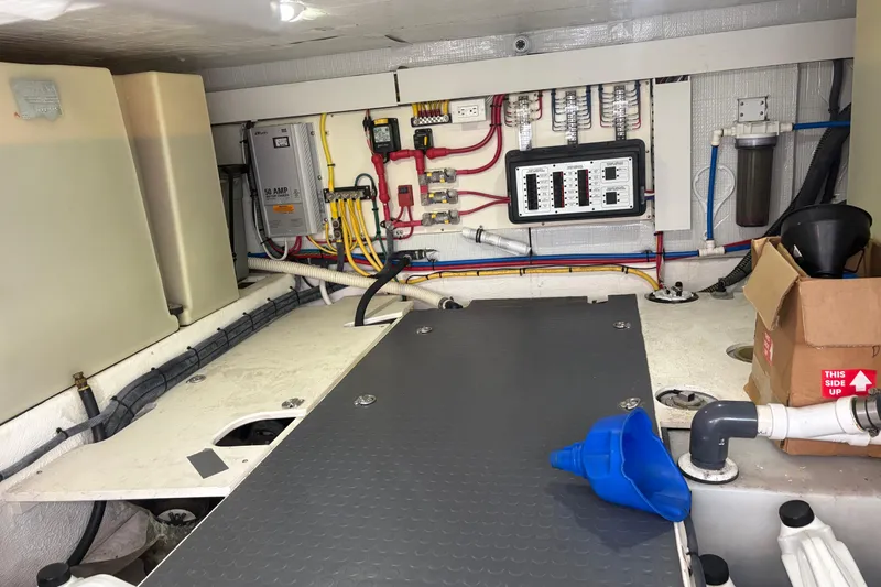  Yacht Photos Pics Engine room of 2016 Sabre 38 Salon Express with electrical panel and wiring.