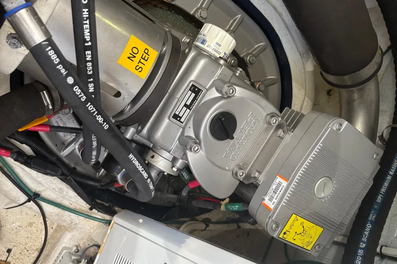  Yacht Photos Pics Engine compartment of a 2016 Sabre 38 Salon Express with visible mechanical components.