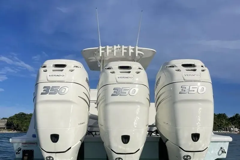  Yacht Photos Pics 2018 SeaVee 340Z boat with triple 350 Verado engines, ocean backdrop.