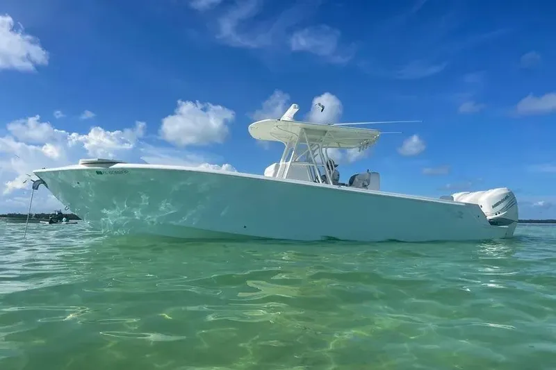  Yacht Photos Pics 2018 SeaVee 340Z boat on clear water under blue sky.