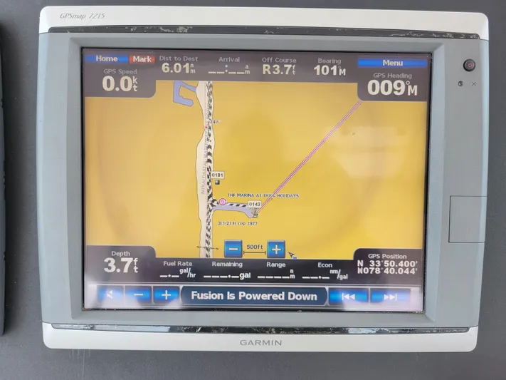 The Dog Patch Yacht Photos Pics Garmin GPS display on 1990 Ocean Yachts 48 Super Sport, showing navigation details.