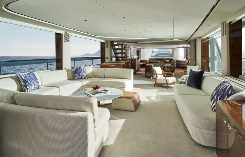  Yacht Photos Pics Luxurious interior of 2025 Princess X95 yacht with elegant seating and ocean views.