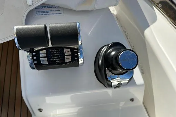  Yacht Photos Pics Control panel of a 2015 Azimut 80 yacht with throttle and joystick.