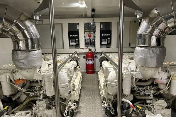  Yacht Photos Pics Engine room of a 2015 Azimut 80 yacht featuring dual MAN engines.