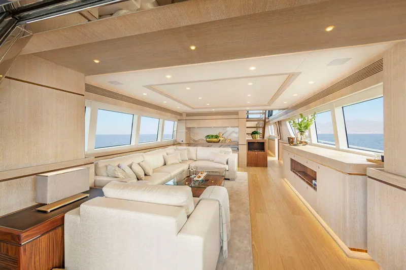  Yacht Photos Pics Luxurious interior of 2021 Van der Valk HELGA yacht with modern furnishings and panoramic windows.