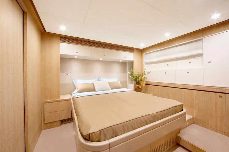  Yacht Photos Pics Luxurious bedroom interior on Van der Valk HELGA yacht, 2021 model, featuring modern design and ambient lighting.