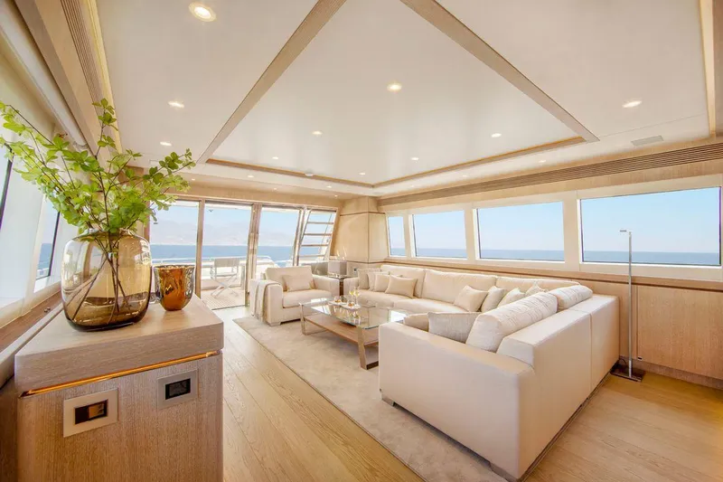  Yacht Photos Pics Luxurious interior of 2021 Van der Valk HELGA yacht with elegant seating and ocean views.