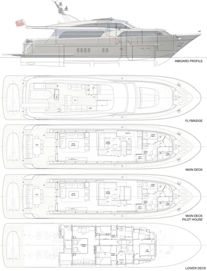  Yacht Photos Pics Blueprint of Van der Valk HELGA yacht, 2021 model, showing side profile and deck layouts.