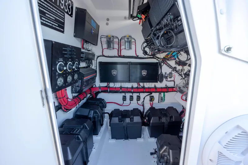  Yacht Photos Pics 2024 Onslow Bay 33 TE boat electrical system with organized wiring and battery setup.