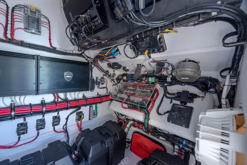  Yacht Photos Pics 2024 Onslow Bay 33 TE boat electrical system with organized wiring and components.