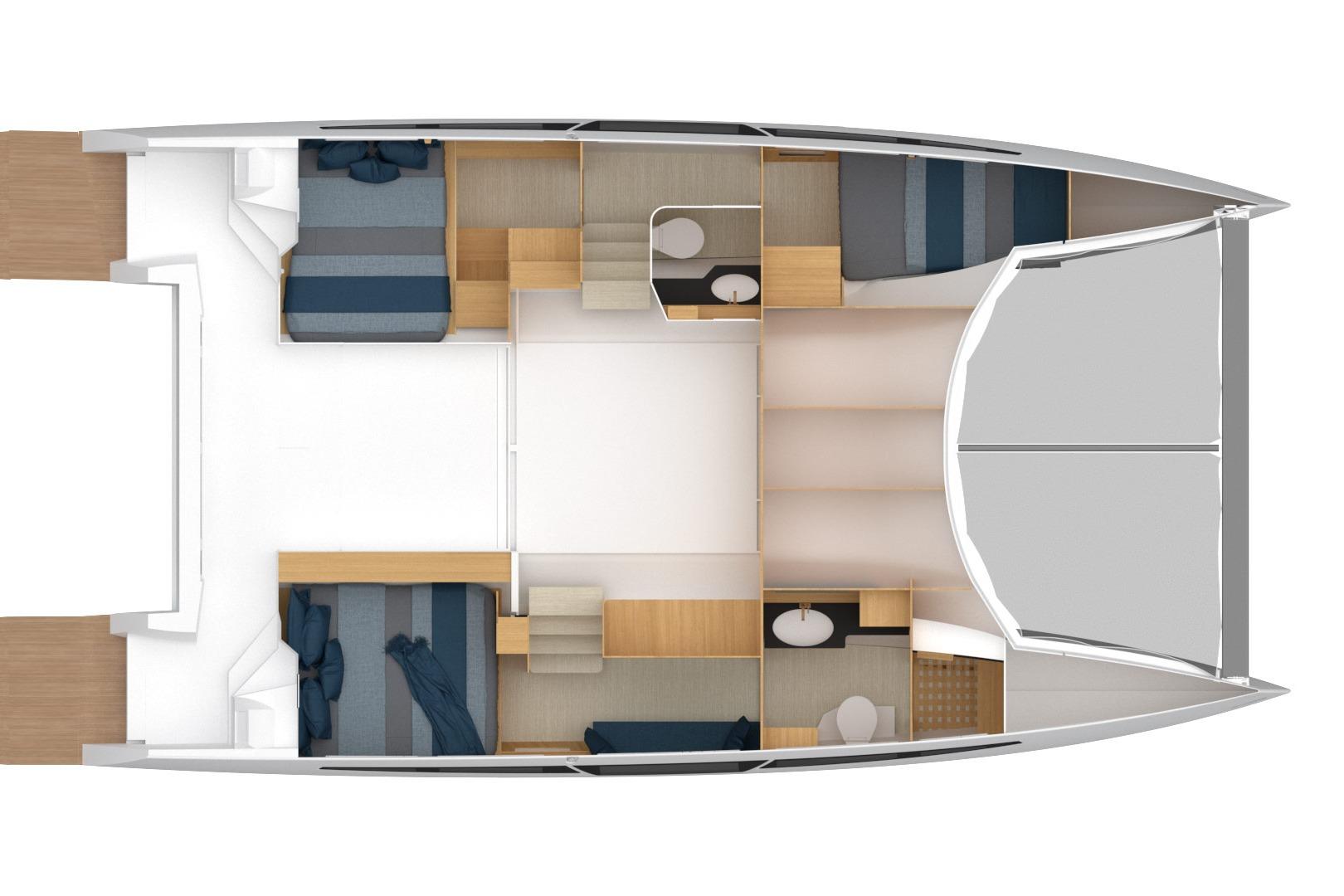 Interior layout of 2026 C-Catamarans C-CAT 38, featuring cabins and bathrooms.
