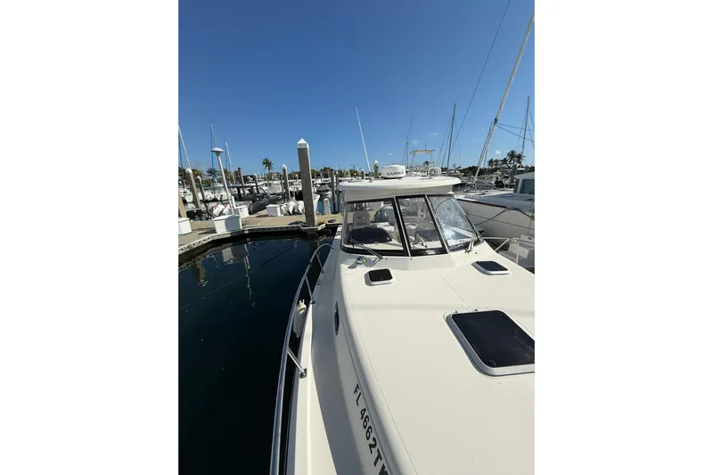  Yacht Photos Pics 2004 Pursuit 3370 Offshore boat docked at marina under clear blue sky.