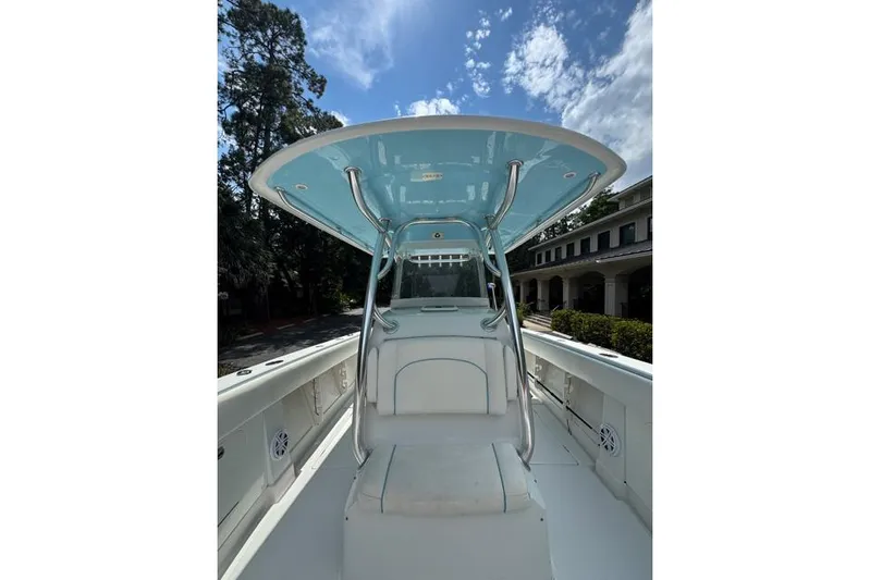  Yacht Photos Pics 2014 Jupiter 34 boat interior with T-top under a clear blue sky.