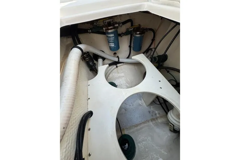  Yacht Photos Pics 2014 Jupiter 34 boat engine compartment with Yamaha filters and hoses.