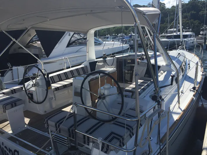 Nansea I Yacht Photos Pics 2017 Beneteau Oceanis 38.1 sailboat with dual steering wheels docked at marina.