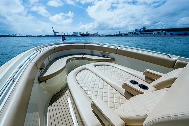  Yacht Photos Pics 2019 Chris-Craft Catalina 30 boat interior with luxurious seating on open water.