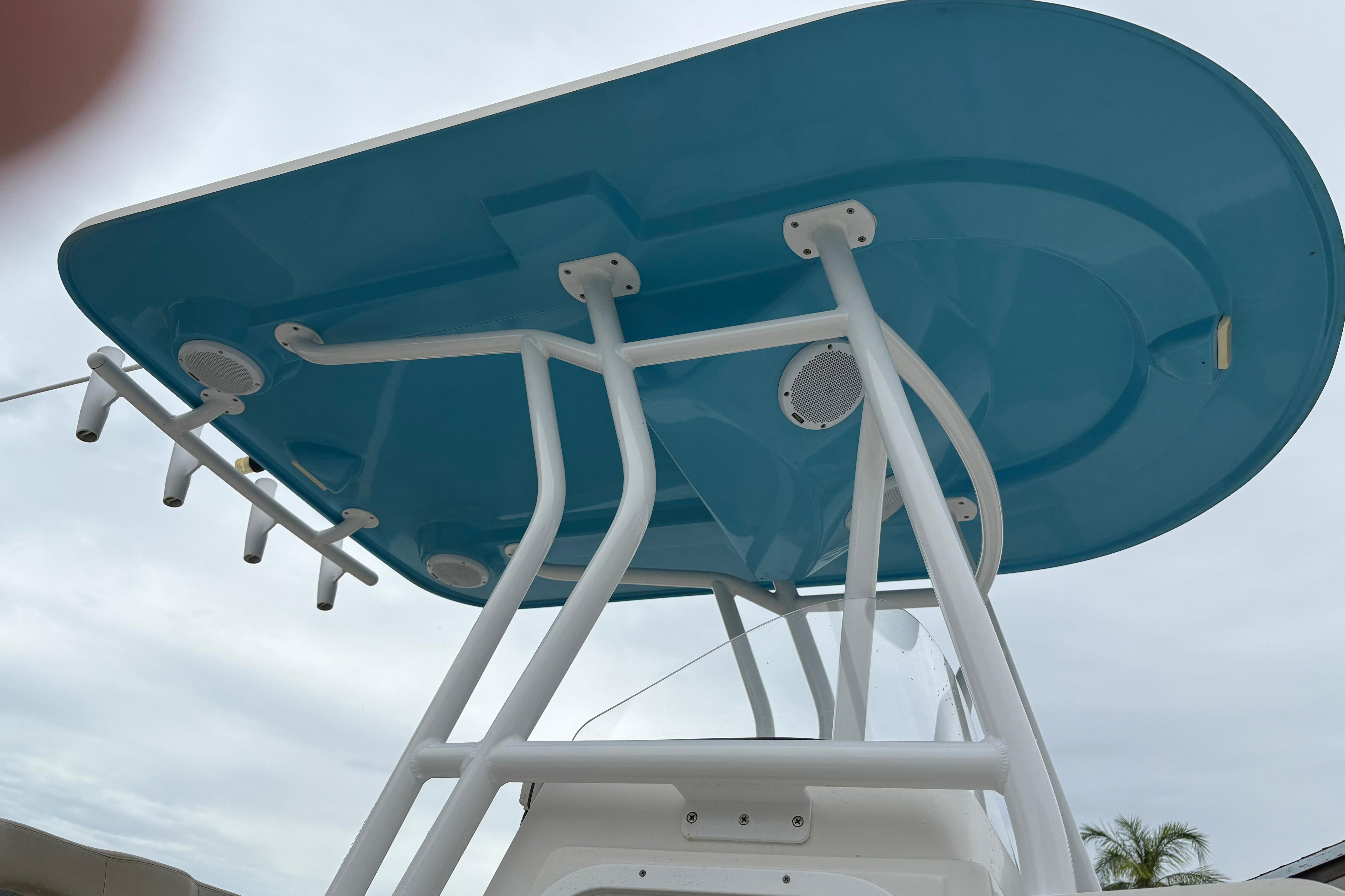 2019 Release 210 RX boat with blue T-top and white frame against cloudy sky.