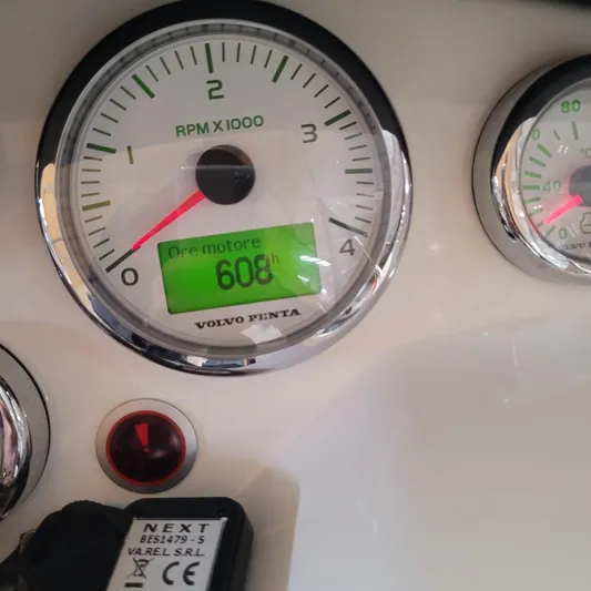  Yacht Photos Pics Close-up of Cranchi Z35 2016 boat's RPM gauge showing 608 engine hours.