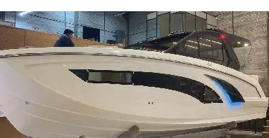 Ready For Immediate Delivery Yacht Photos Pics 2025 Hanover 387 Outboard Classic Luxury Edition boat in a showroom setting.