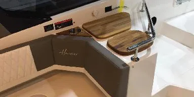 Ready For Immediate Delivery Yacht Photos Pics 2025 Hanover 387 Outboard Classic Luxury Edition interior with elegant seating and wooden accents.