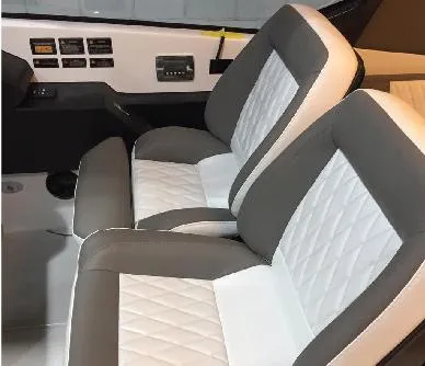 Ready For Immediate Delivery Yacht Photos Pics 2025 Hanover 387 Outboard Classic Luxury Edition interior with elegant, quilted seating design.