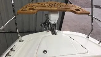 Ready For Immediate Delivery Yacht Photos Pics 2025 Hanover 387 Outboard Classic Luxury Edition boat deck with wooden accents.