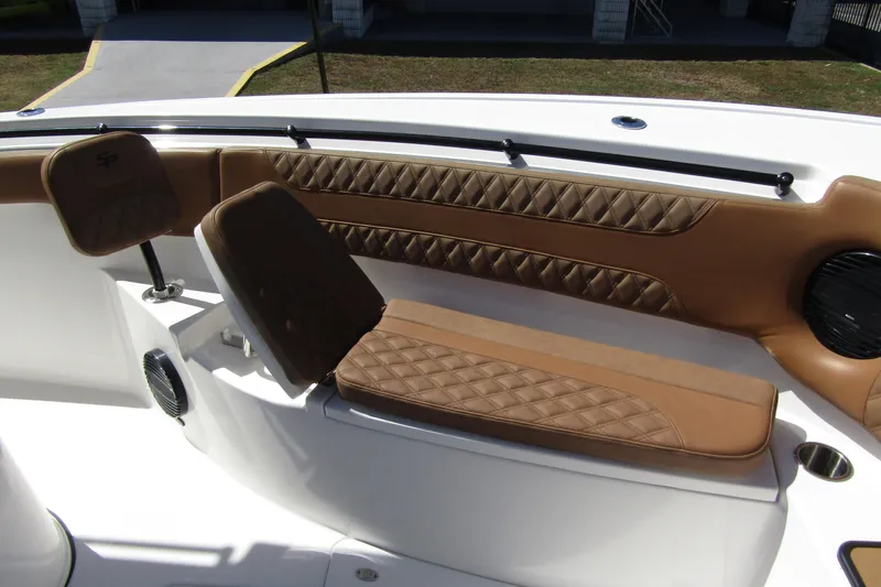  Yacht Photos Pics Luxurious seating on 2025 Sea Pro 322 Offshore boat with diamond-stitched upholstery.