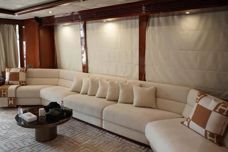  Yacht Photos Pics Luxurious interior of 2013 Gulf Craft Majesty 86 yacht with elegant beige seating.