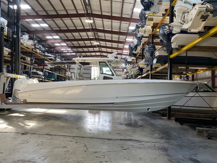  Yacht Photos Pics 2021 Boston Whaler 350 Outrage in a storage facility.