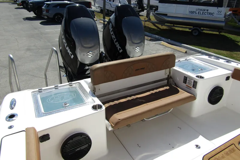  Yacht Photos Pics 2025 Sea Pro 322 Offshore boat with dual Suzuki outboard engines and comfortable seating.