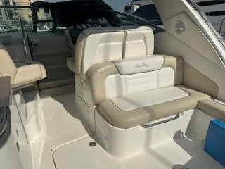 Hanky Panky Yacht Photos Pics 2012 Sea Ray 350 Sundancer boat interior with beige and white seating.