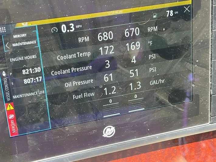 Hanky Panky Yacht Photos Pics Sea Ray 350 Sundancer 2012 engine display showing RPM, coolant temp, oil pressure, and fuel flow.
