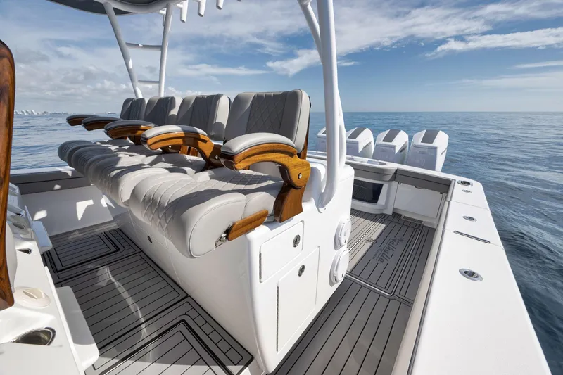  Yacht Photos Pics 2024 Valhalla Boatworks V-46 interior with luxurious seating and ocean view.