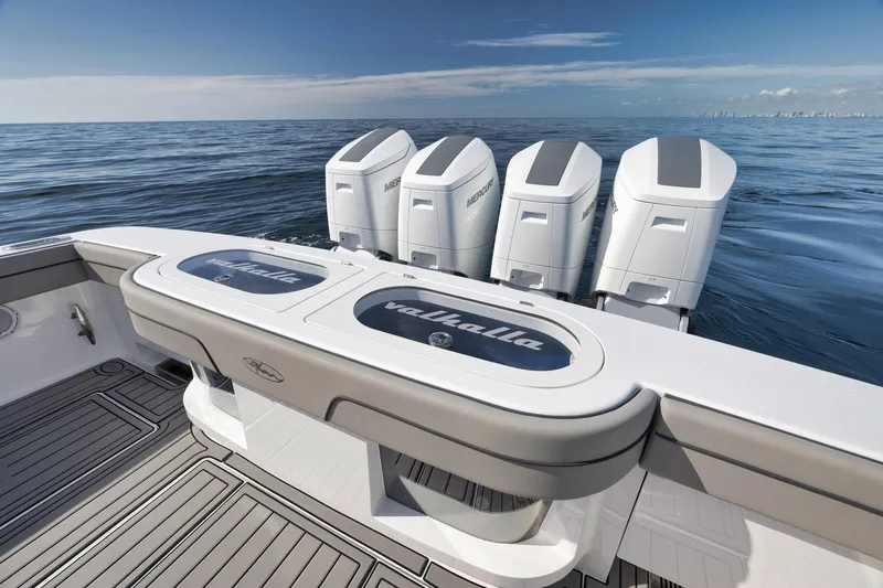  Yacht Photos Pics 2024 Valhalla Boatworks V-46 with quad outboard engines on open sea.