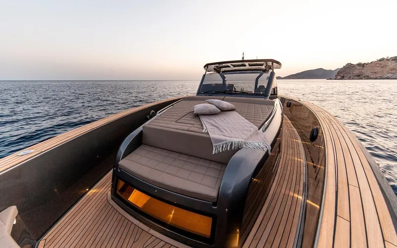  Yacht Photos Pics Luxurious 2022 Pardo Yachts 50 on serene ocean at sunset.