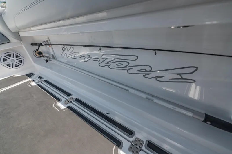  Yacht Photos Pics 2019 Nor-Tech 390 Sport boat, close-up of branding and sleek design details.