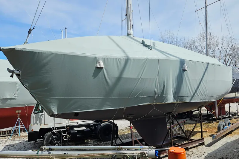  Yacht Photos Pics Covered 1994 Sabre 362 sailboat on dry dock, ready for storage or maintenance.