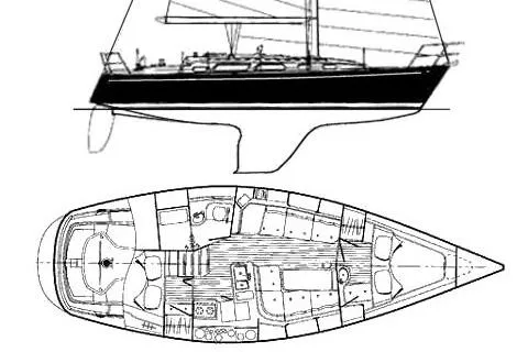  Yacht Photos Pics Sailboat blueprint of 1994 Sabre 362, showcasing side and top views with detailed interior layout.