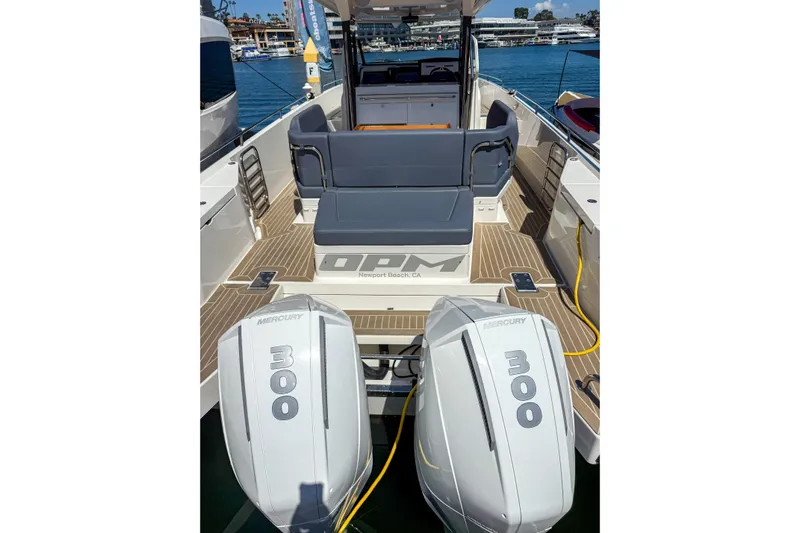  Yacht Photos Pics Nimbus T11 2022 boat with dual Mercury 300 engines docked in Newport Beach.
