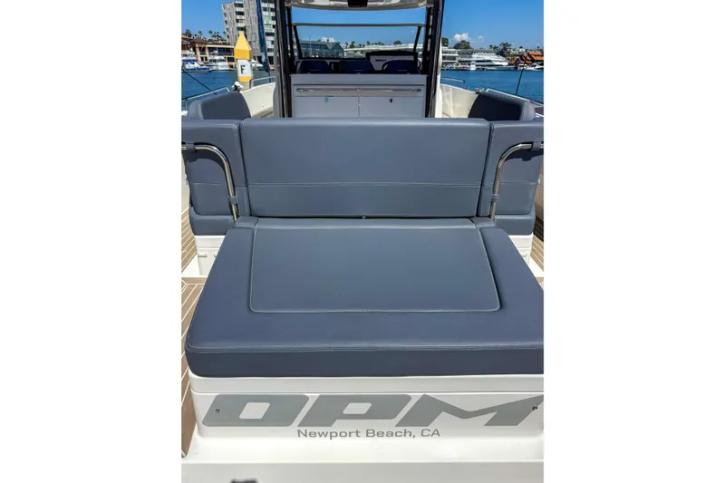  Yacht Photos Pics Nimbus T11 2022 boat interior with blue seating, Newport Beach, CA.