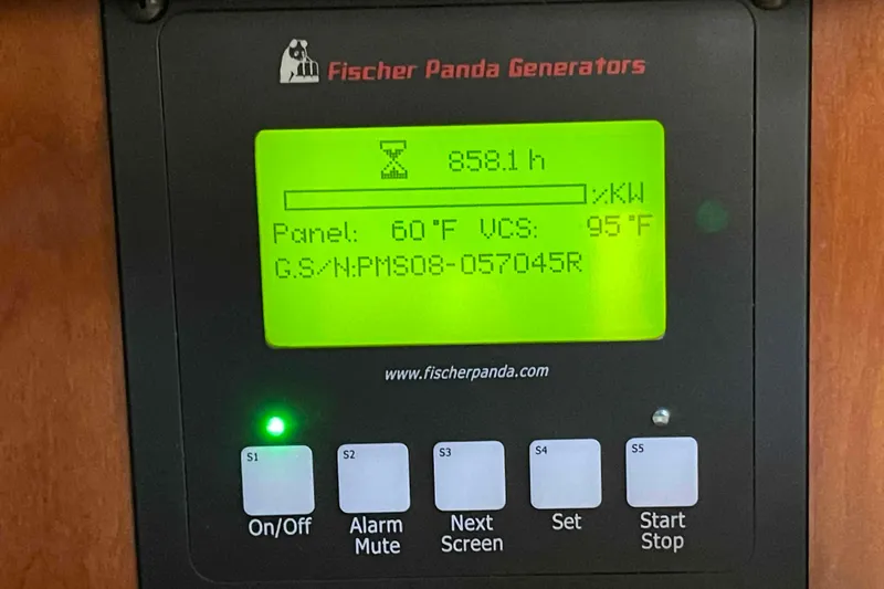 Snail'n Yacht Photos Pics Fischer Panda generator display on 2010 Hunter 45 Center Cockpit yacht, showing operational data.