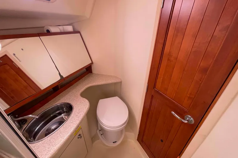 Snail'n Yacht Photos Pics 2010 Hunter 45 Center Cockpit bathroom with sink, toilet, and wooden door.