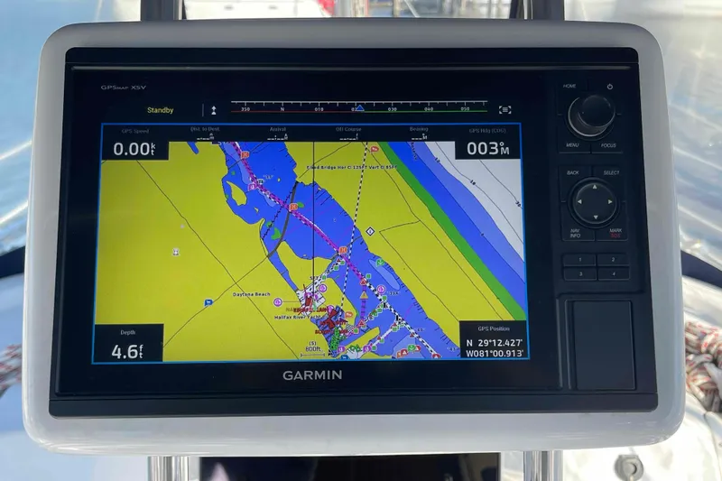 Snail'n Yacht Photos Pics Garmin GPS display on 2010 Hunter 45 Center Cockpit sailboat, showing navigation map.