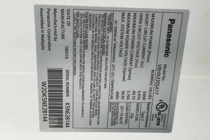 Snail'n Yacht Photos Pics Panasonic solar module label, model VBHN330SA17, specifications and manufacturing details.
