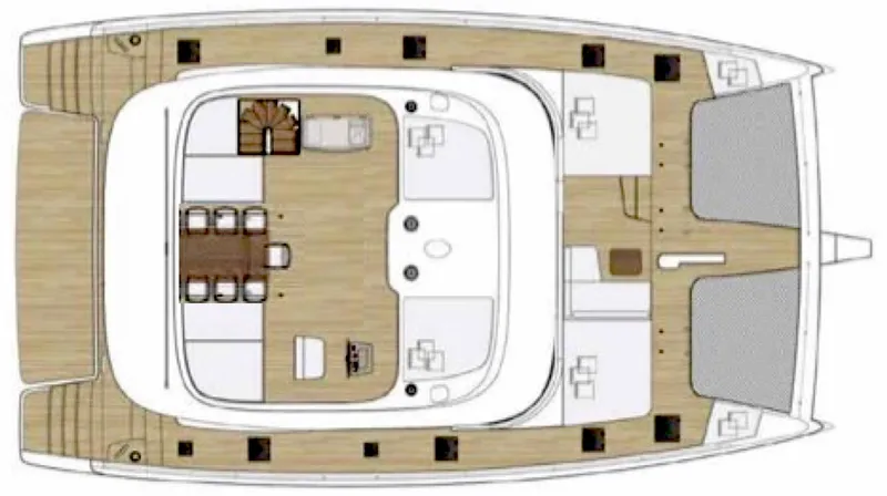 Feel The Blue Yacht Photos Pics Floor plan of a 2018 Sunreef 60 catamaran, featuring spacious deck layout.