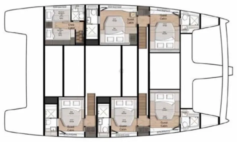 Feel The Blue Yacht Photos Pics Floor plan of 2018 Sunreef 60 catamaran, featuring multiple guest cabins and bathrooms.