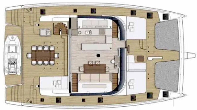 Feel The Blue Yacht Photos Pics Floor plan of a 2018 Sunreef 60 catamaran, featuring spacious deck and luxurious interior layout.