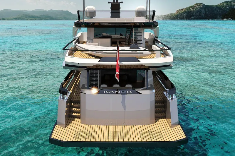  Yacht Photos Pics Luxury AvA Yachts Kando 85, 2027 model, cruising in clear turquoise waters.