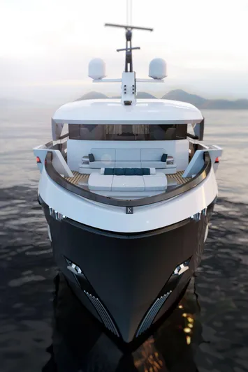  Yacht Photos Pics Luxury AvA Yachts Kando 85, 2027 model, cruising on calm waters at sunset.